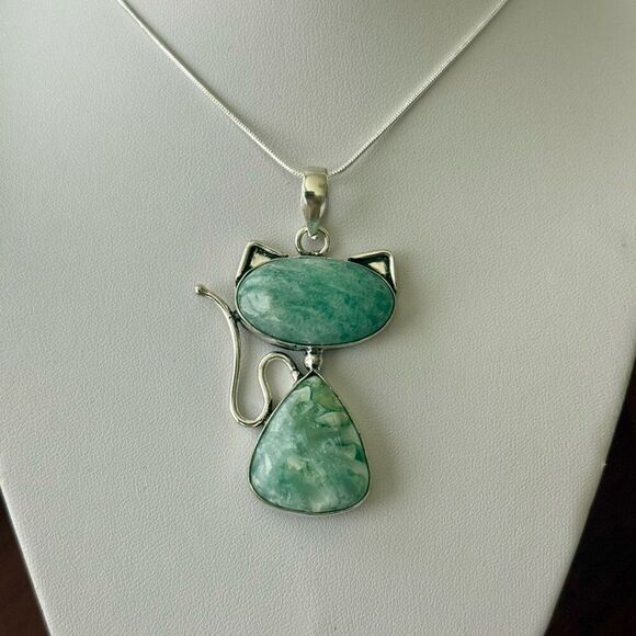 Larimar Amazonite Gemstone Cat Necklace Pendant Womens Casual Boho Jewelry New - Picture 3 of 5
